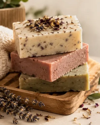 Pilha de três barras de sabonete artesanal, creme, rosa e verde, sobre bandeja de madeira com ramos de lavanda